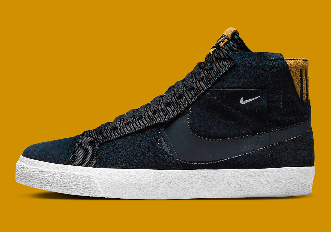 Màu đen và lúa mì tạo nên cấu trúc chắp vá của Nike SB Blazer Mid này - 1