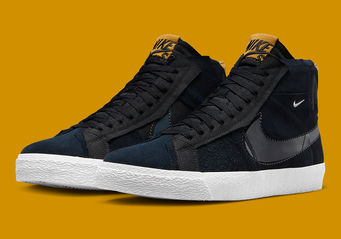 Màu đen và lúa mì tạo nên cấu trúc chắp vá của Nike SB Blazer Mid này - 2
